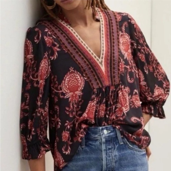 Anthro | Blank London | Boho Floral Stephanie Top in Black & Red Size L Large - Picture 3 of 12